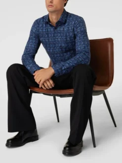 OLYMP No. Six Business-Hemd Mit Allover-Muster - Marineblau