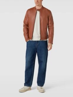 BULL & BERRY Lederjacke Mit Reißverschlusstaschen - Cognac