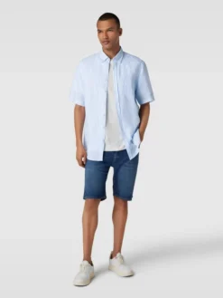 Christian Berg Men Freizeithemd Aus Leinen Mit Brusttasche - Bleu